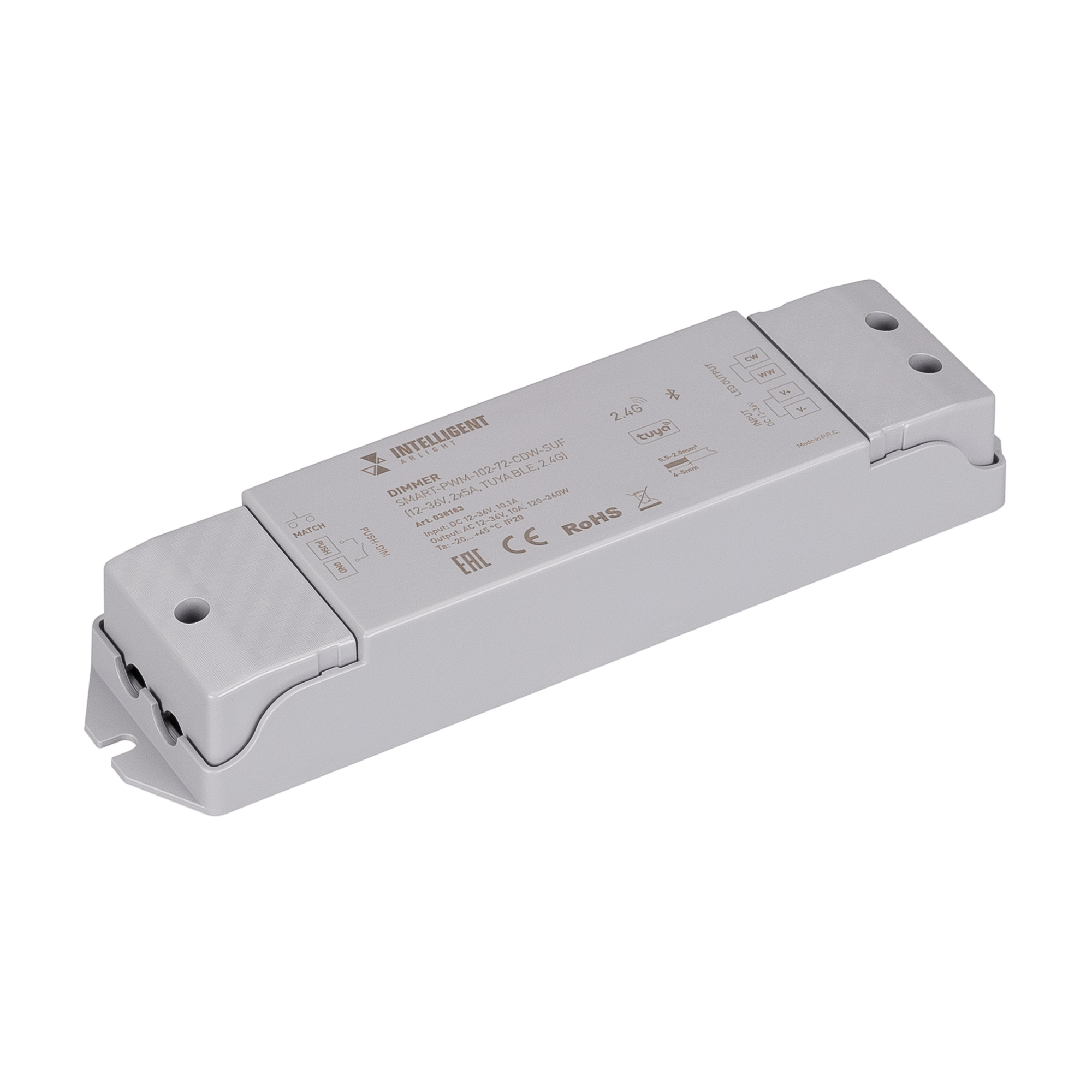 INTELLIGENT ARLIGHT Диммер SMART-PWM-102-72-CDW-SUF (12-36V, 2x5A, TUYA BLE, 2.4G) (IARL, IP20 Пластик, 5 лет) 038183