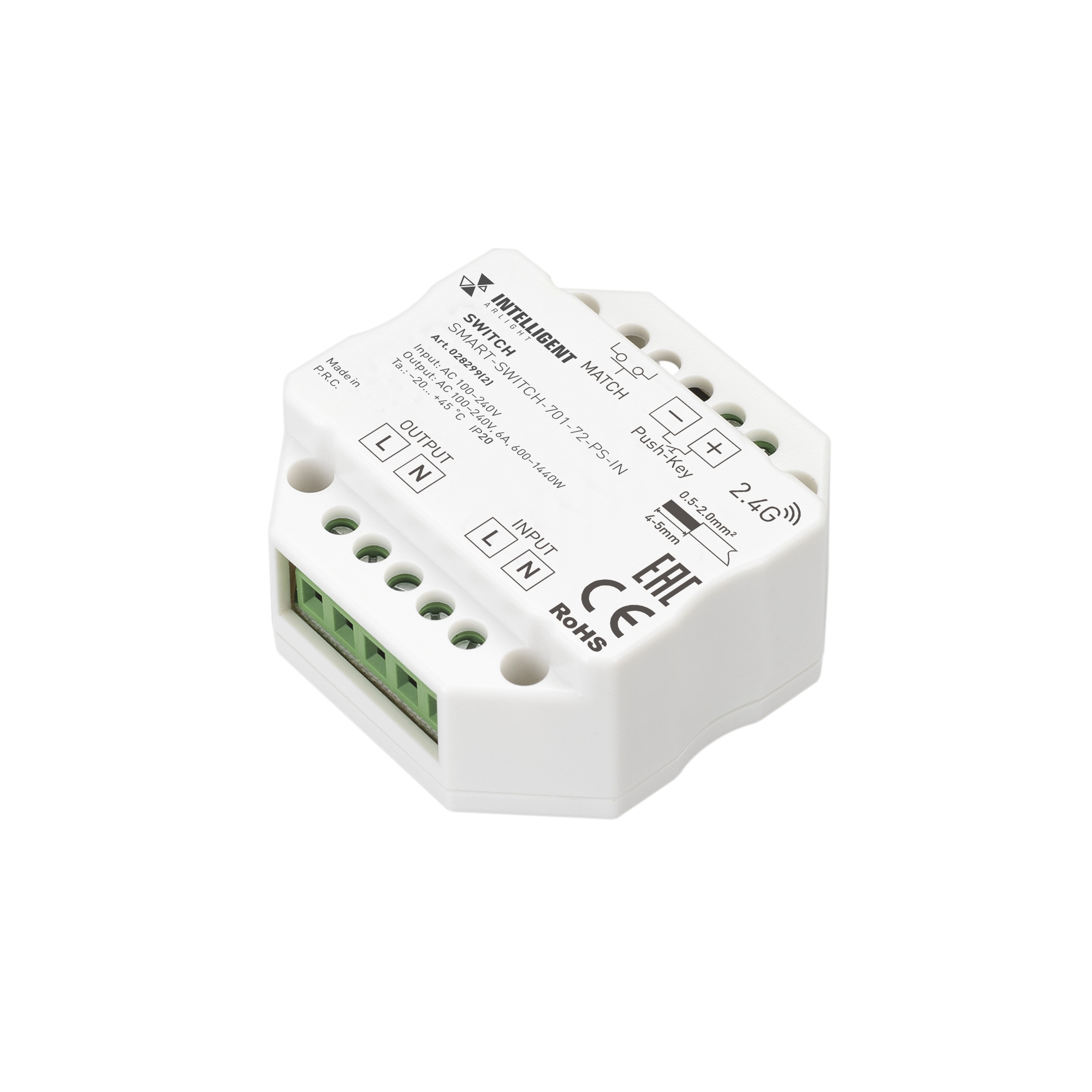 INTELLIGENT ARLIGHT Релейный модуль SMART-SWITCH-701-72-PS-IN (230V, 1x6A, 2.4G) (IARL, IP20 Пластик, 5 лет) 028299(2)
