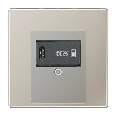 USB розетка для зарядки мобильных устройств тип C, 5-60W, Нержавеющая сталь (металл), Jung