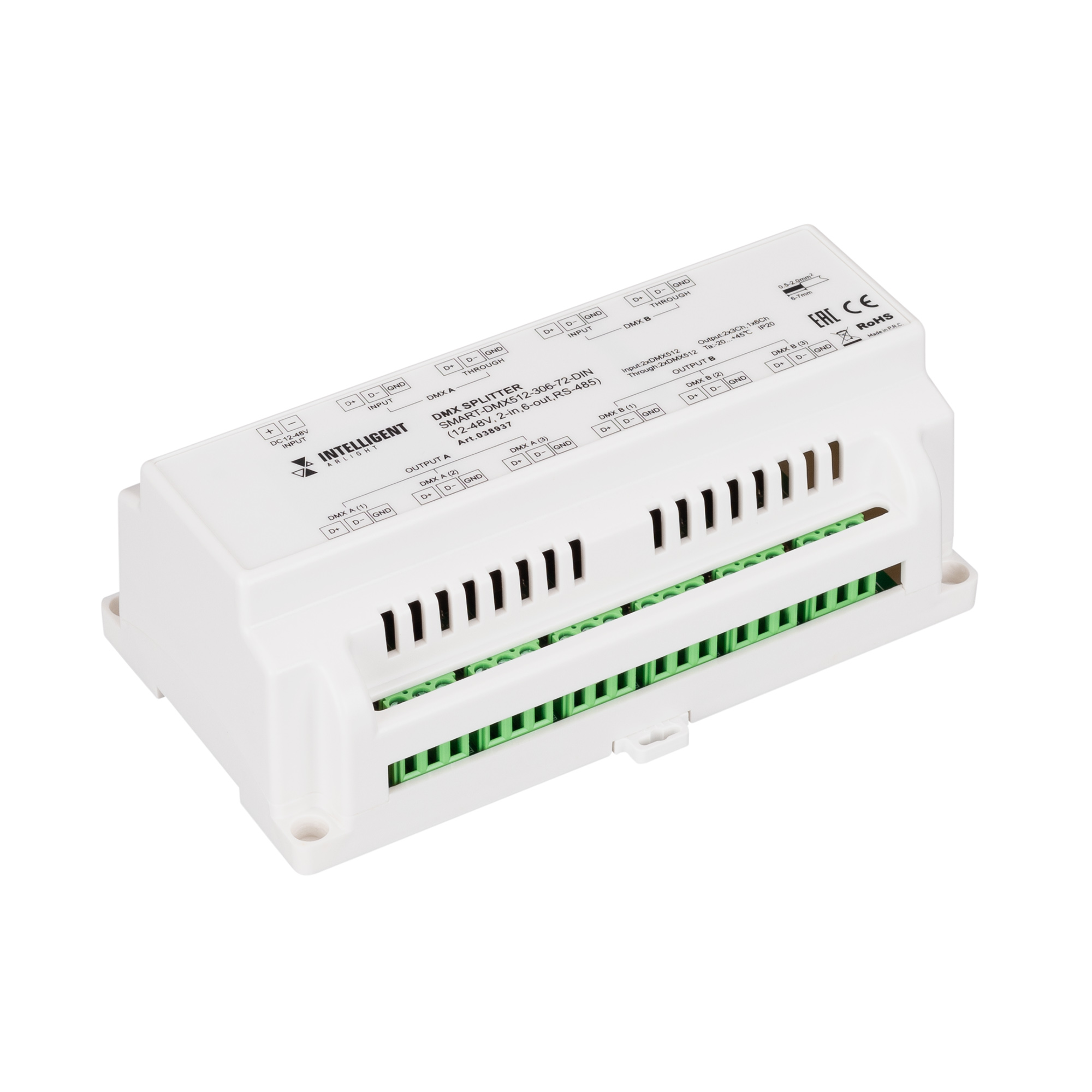 INTELLIGENT ARLIGHT Сплиттер SMART-DMX512-306-72-DIN (12-48V, 2-in, 6-out, RS-485) (IARL, IP20 Металл, 5 лет) 038937