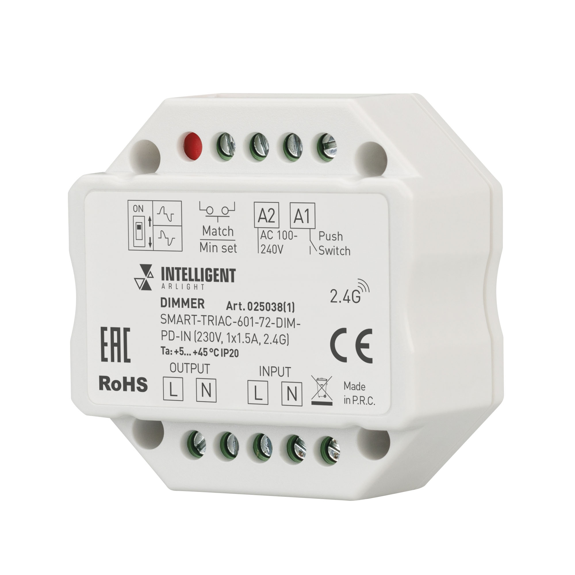 INTELLIGENT ARLIGHT Диммер SMART-TRIAC-601-72-DIM-PD-IN (230V, 1x1.5A, 2.4G) (IARL, IP20 Пластик, 5 лет) 025038(1)