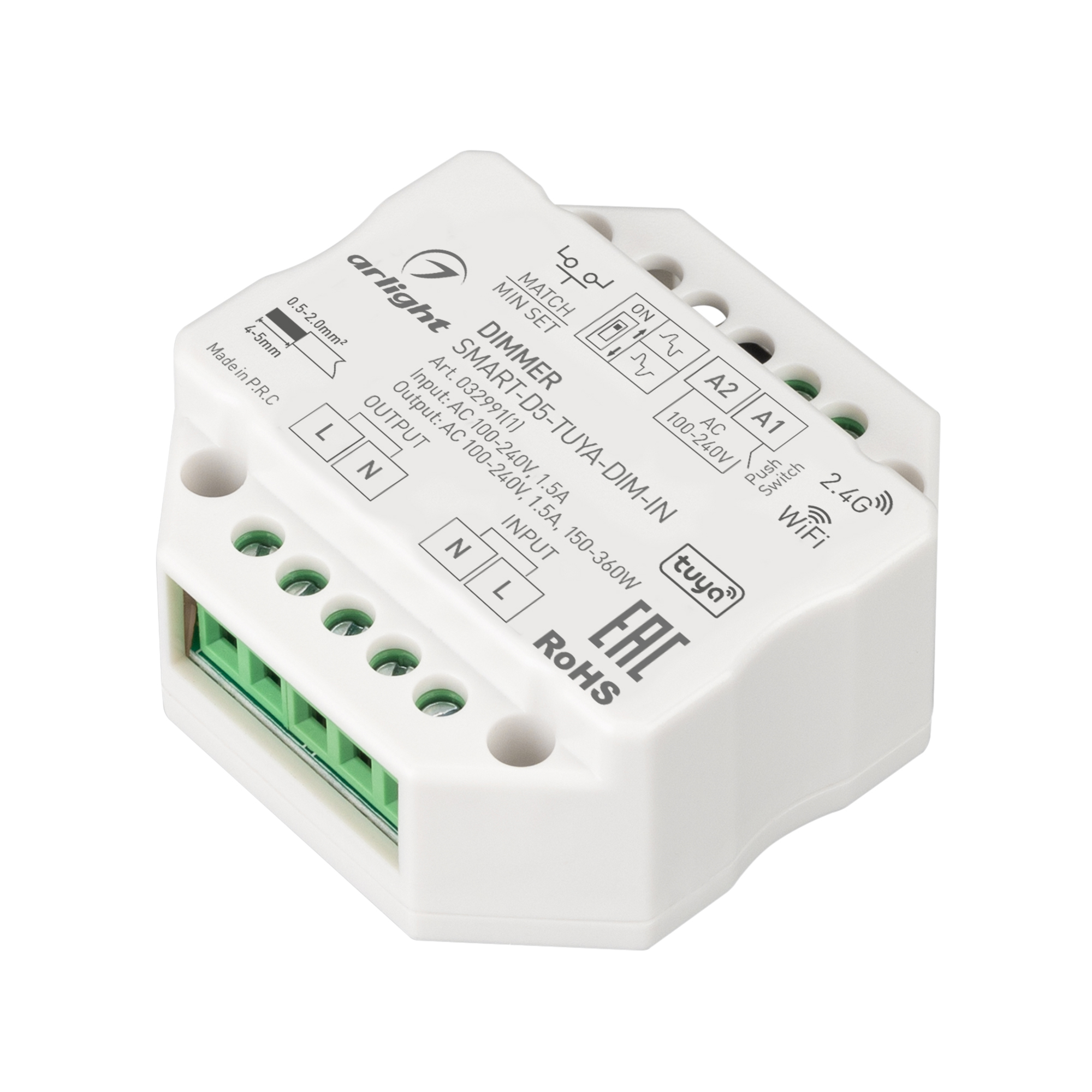 Диммер SMART-D5-TUYA-DIM-IN (230V, 1.5A, TRIAC, WiFi, 2.4G) (Arlight, IP20 Пластик, 5 лет) 032991(1)