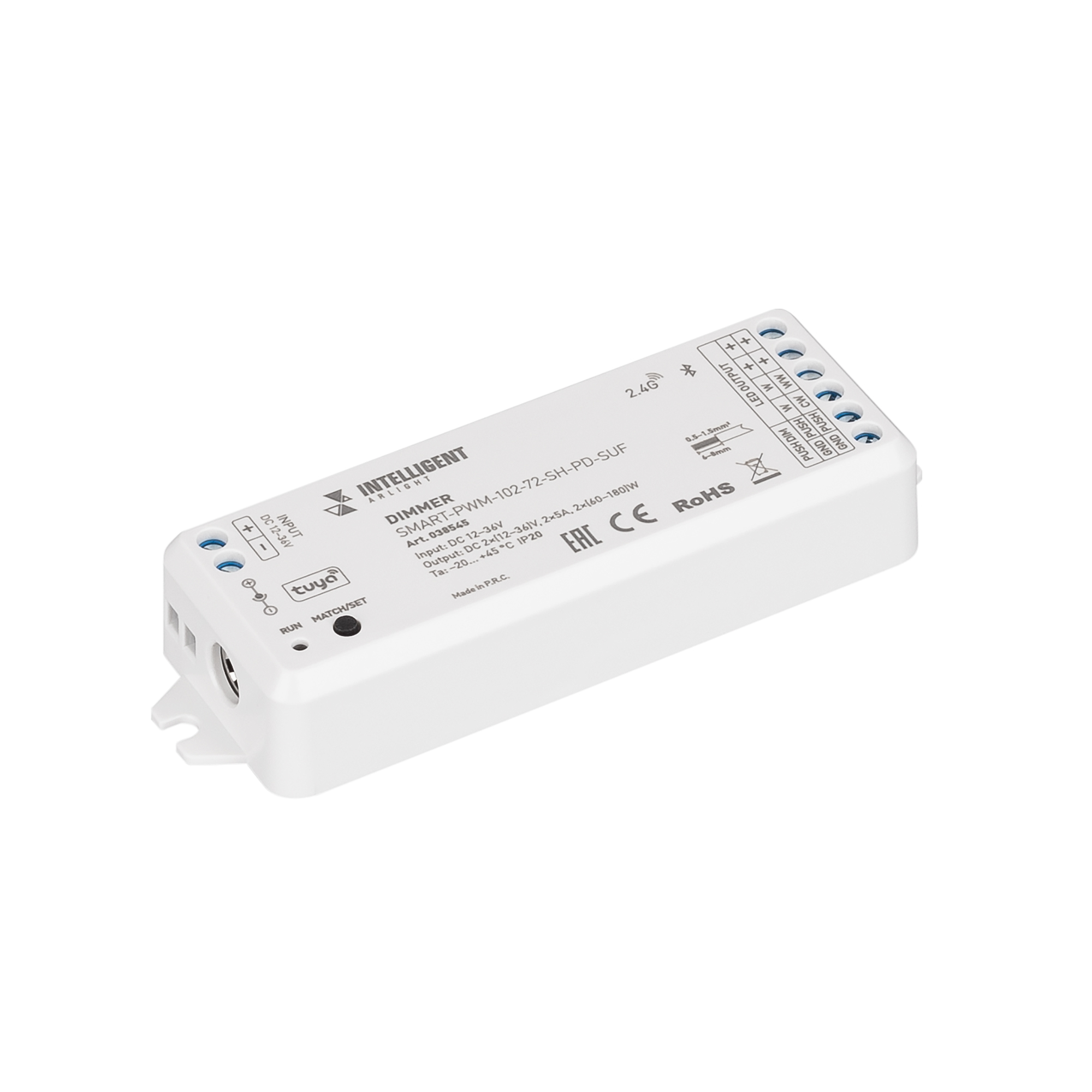 INTELLIGENT ARLIGHT Диммер SMART-PWM-102-72-SH-PD-SUF (12-36V, 2x5A, TUYA BLE, 2.4G) (IARL, IP20 Пластик, 5 лет) 038545